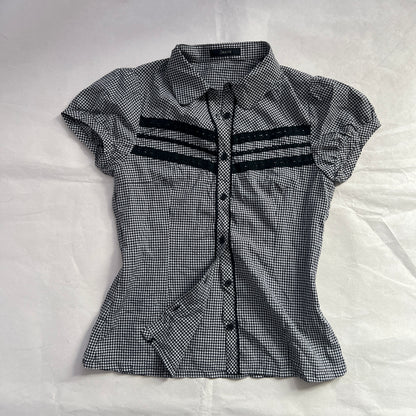 Image Black White Gingham Black Lacey Check Puff Sleeve Button Blouse