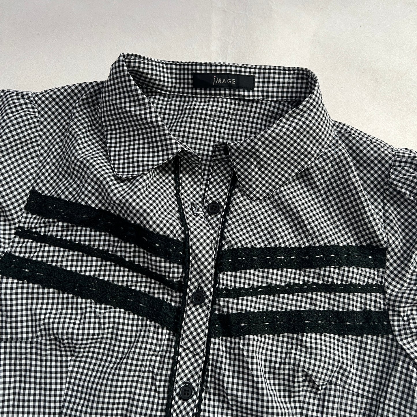 Image Black White Gingham Black Lacey Check Puff Sleeve Button Blouse