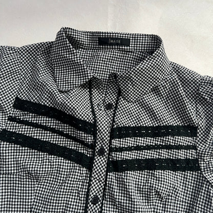 Image Black White Gingham Black Lacey Check Puff Sleeve Button Blouse