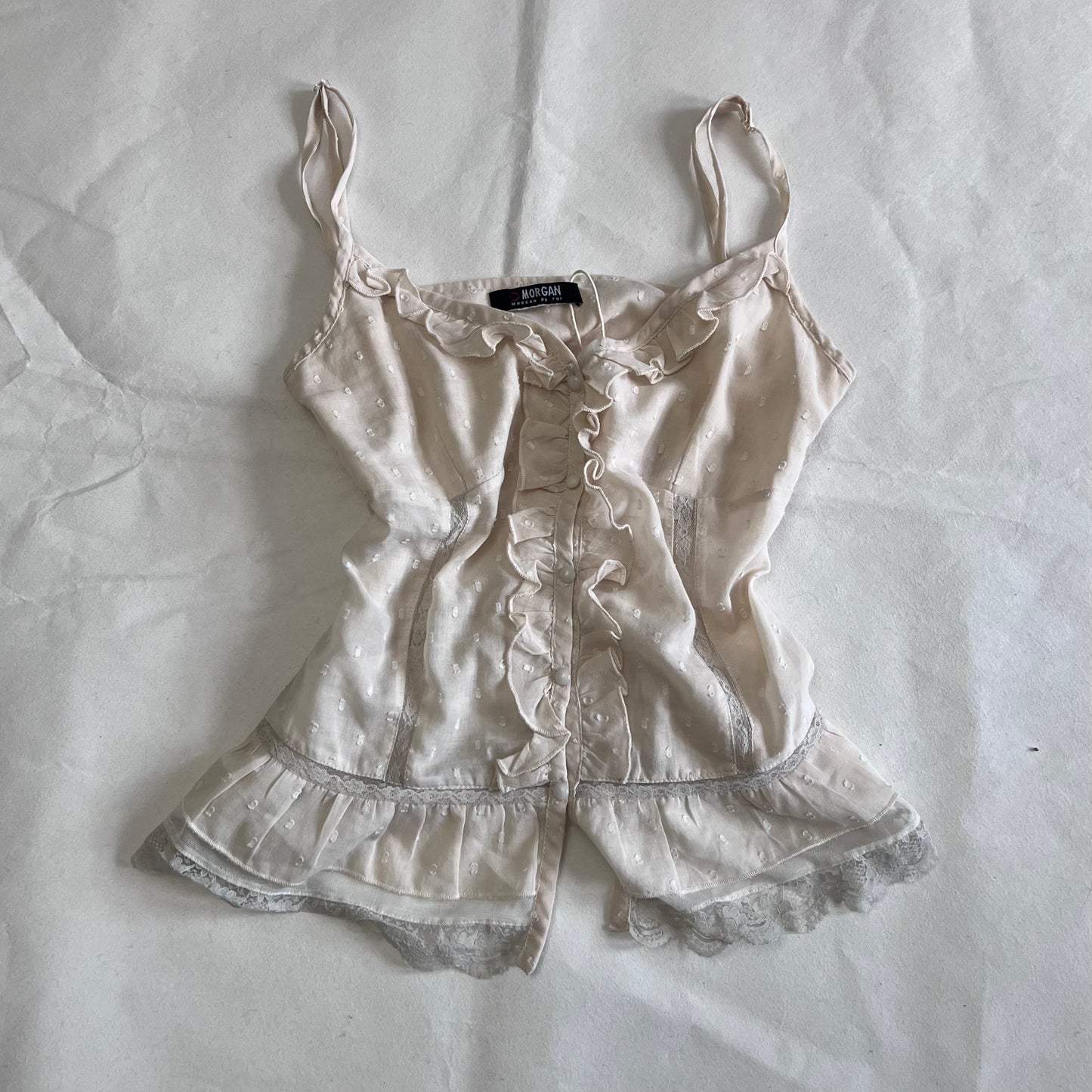 Morgan De Toi Balletcore Ivory Ruffle Lace Button Accent Camisole