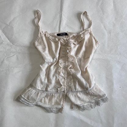 Morgan De Toi Balletcore Ivory Ruffle Lace Button Accent Camisole