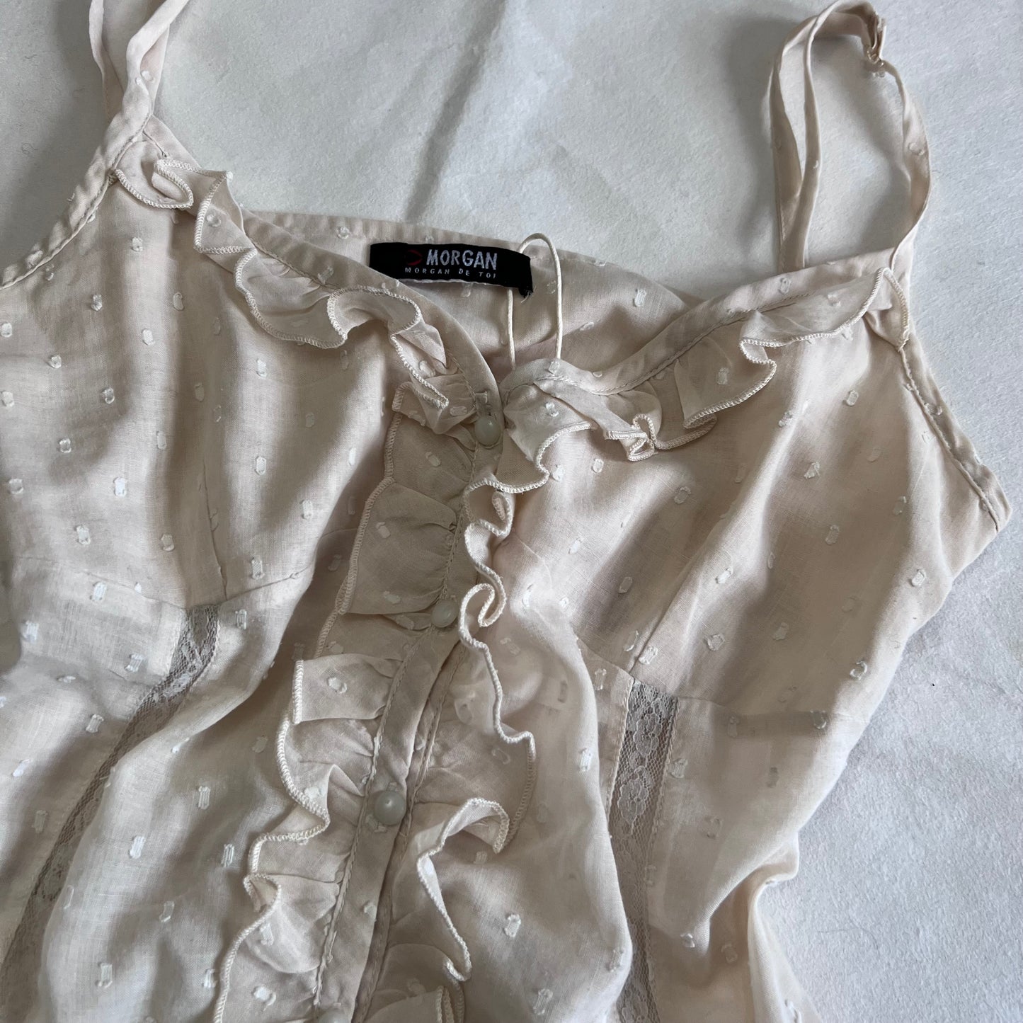 Morgan De Toi Balletcore Ivory Ruffle Lace Button Accent Camisole