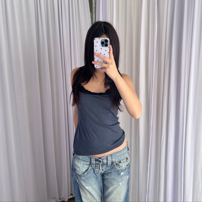 Barbara Bui Tricot Vintage Dusty Blue Ruched Black Trim Knit Camisole