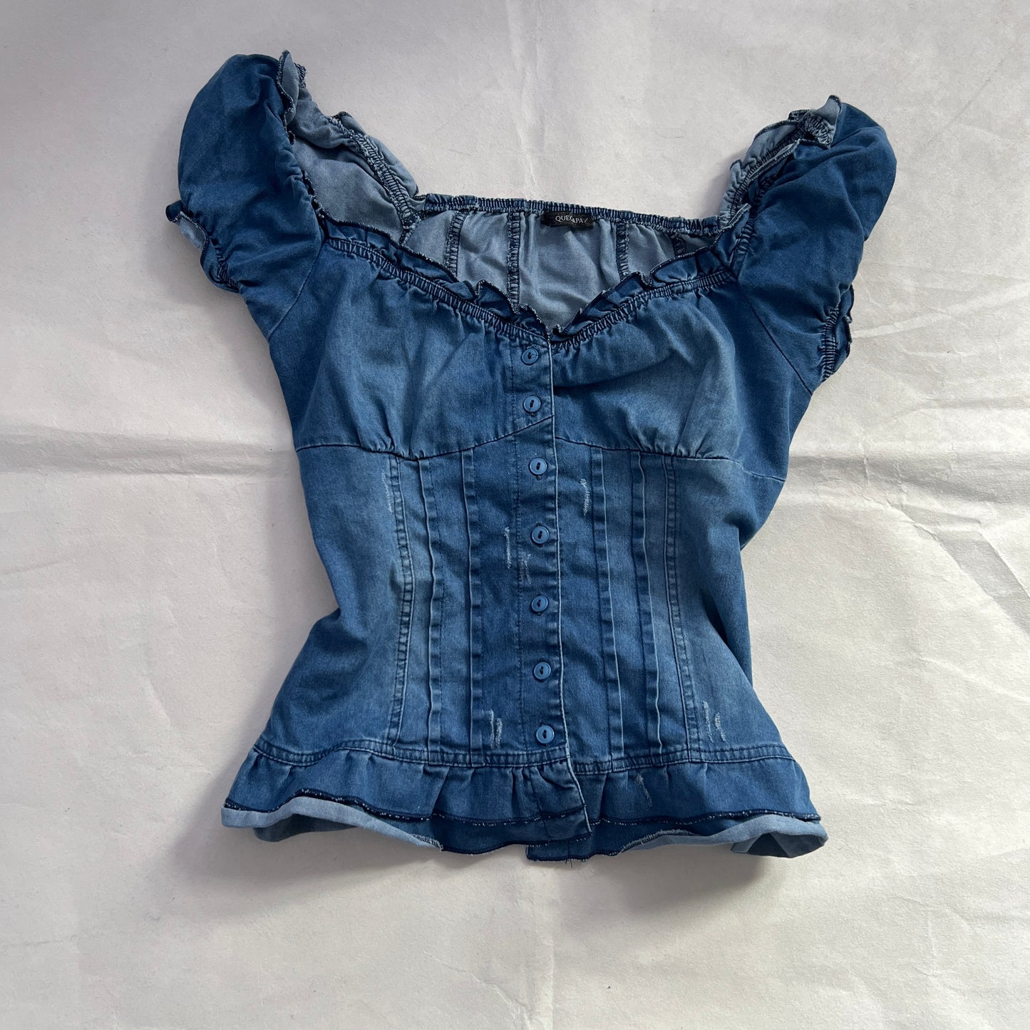 Quegapa Prairie Denim Bustier Puff Sleeve Button Lace Up Corset Blouse