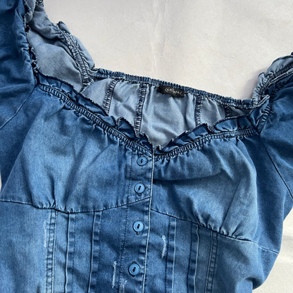 Quegapa Prairie Denim Bustier Puff Sleeve Button Lace Up Corset Blouse