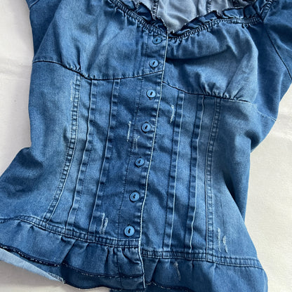Quegapa Prairie Denim Bustier Puff Sleeve Button Lace Up Corset Blouse