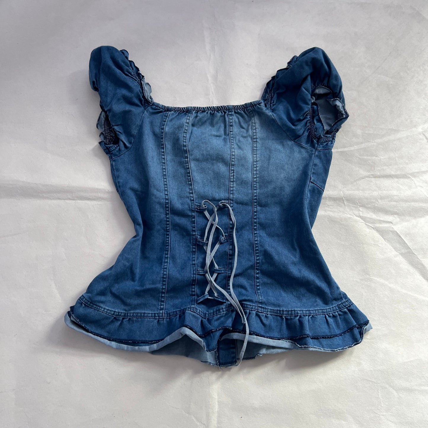 Quegapa Prairie Denim Bustier Puff Sleeve Button Lace Up Corset Blouse
