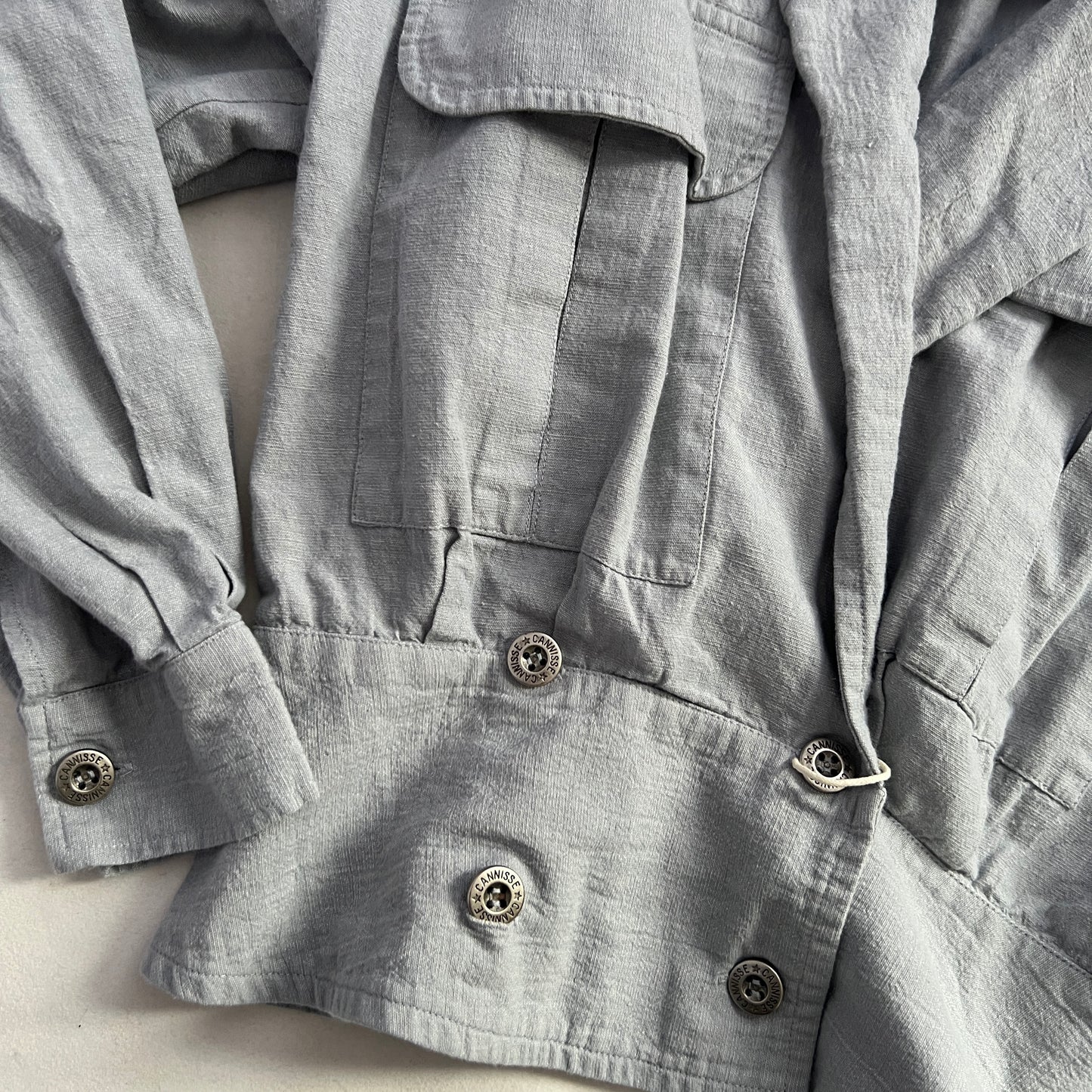 Vintage 80s Cannisse Light Blue Grey Crop Cinched Trench Jacket