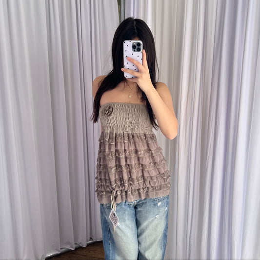 Romantic Boho Beige Brown Frilly Lace Rosette Tiered Babydoll Sleeveless Tube Top