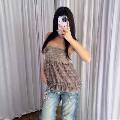 Romantic Boho Beige Brown Frilly Lace Rosette Tiered Babydoll Sleeveless Tube Top