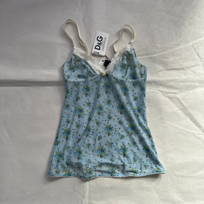 D&G Baby Blue Floral White Lace Trim Bustier Camisole