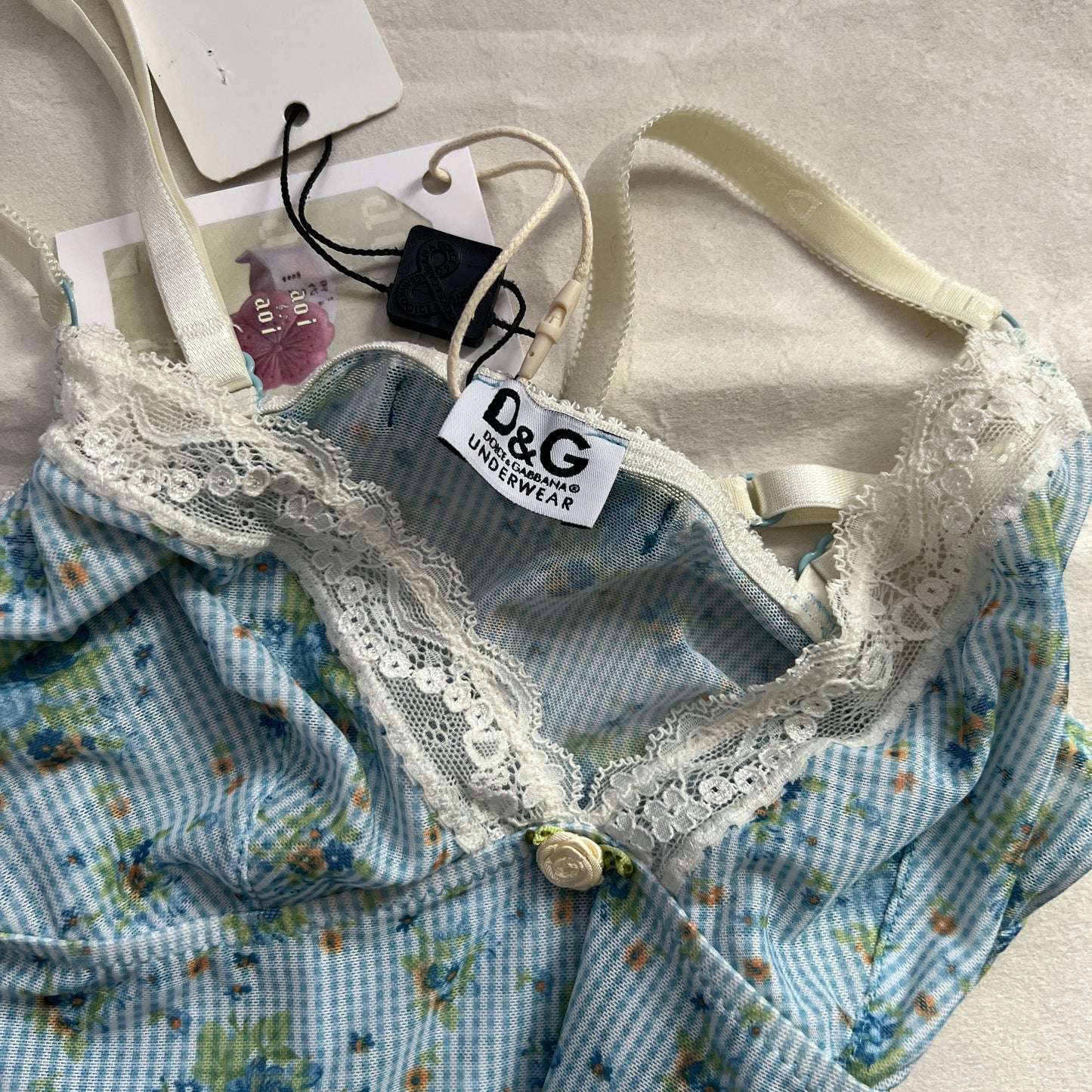 D&G Baby Blue Floral White Lace Trim Bustier Camisole