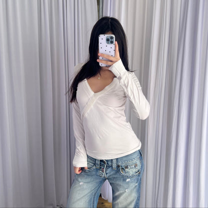 Mexx White Balletcore Wrap Style Long Sleeve Fitted Top