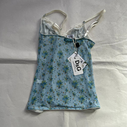 D&G Baby Blue Floral White Lace Trim Bustier Camisole
