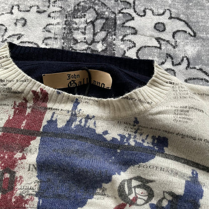 复古 John Galliano 海军蓝长袖英国国旗报纸印花羊毛羊绒混纺针织毛衣