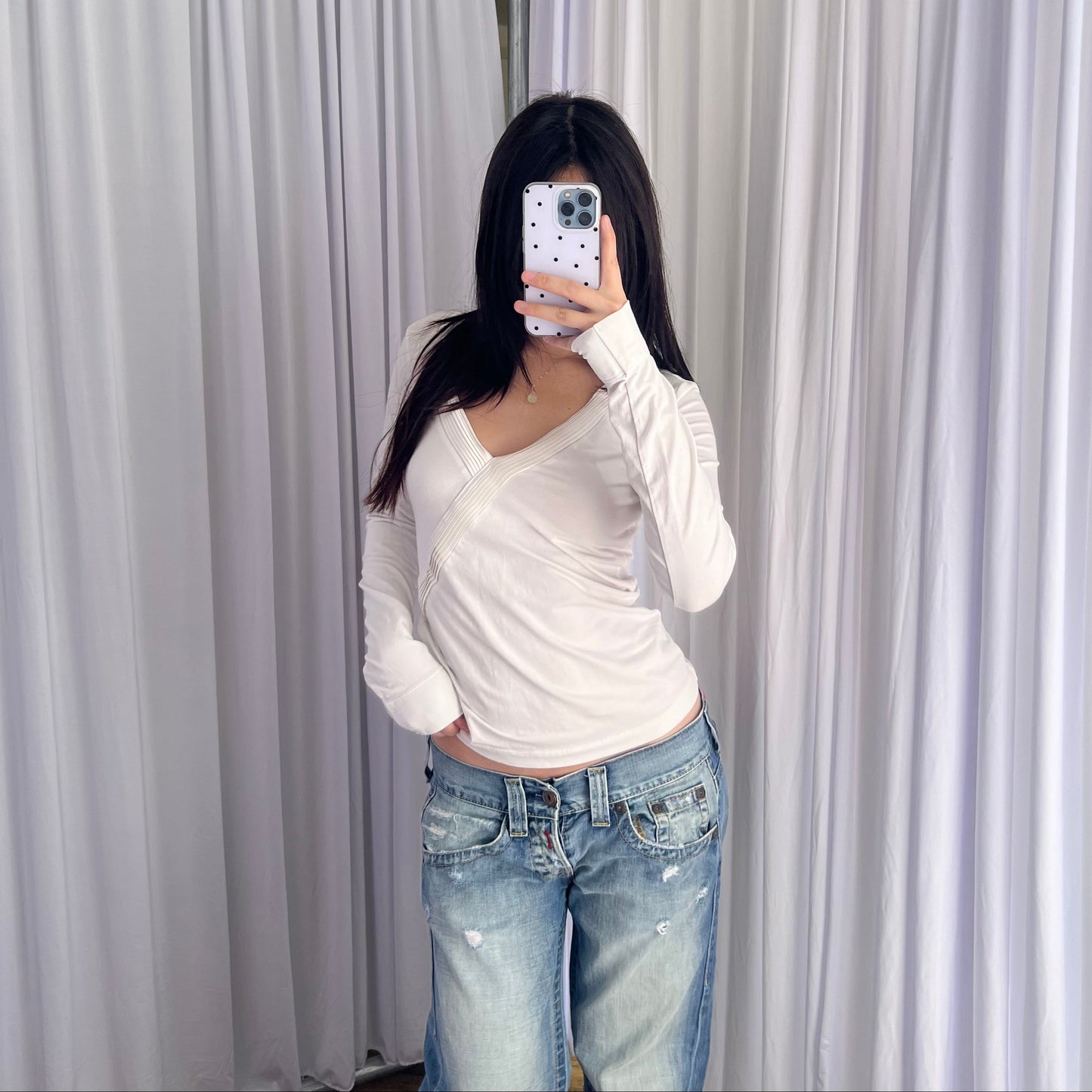 Mexx White Balletcore Wrap Style Long Sleeve Fitted Top