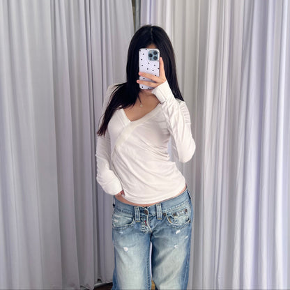 Mexx White Balletcore Wrap Style Long Sleeve Fitted Top