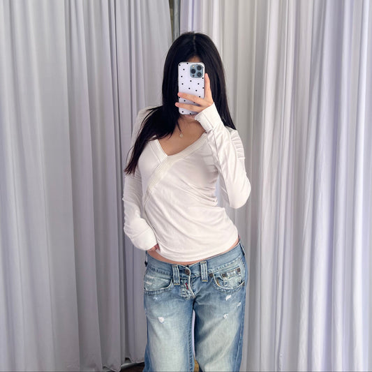 Mexx White Balletcore Wrap Style Long Sleeve Fitted Top