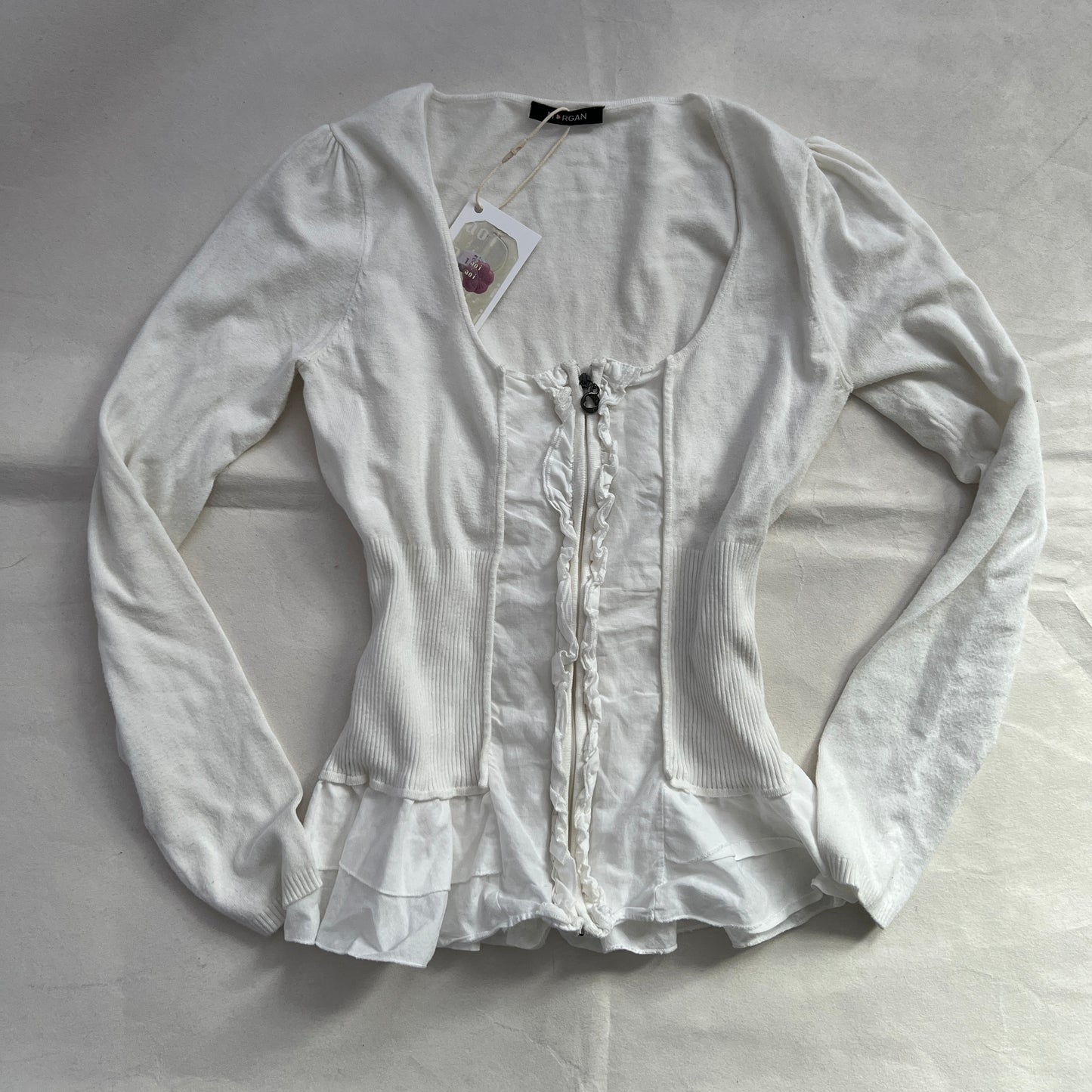 Morgan De Toi White Preppy Frilly Ruffle Hem Zip Fitted Long Sleeve Top