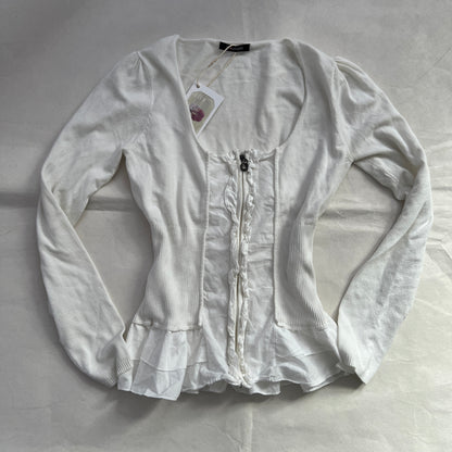 Morgan De Toi White Preppy Frilly Ruffle Hem Zip Fitted Long Sleeve Top