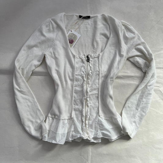 Morgan De Toi White Preppy Frilly Ruffle Hem Zip Fitted Long Sleeve Top