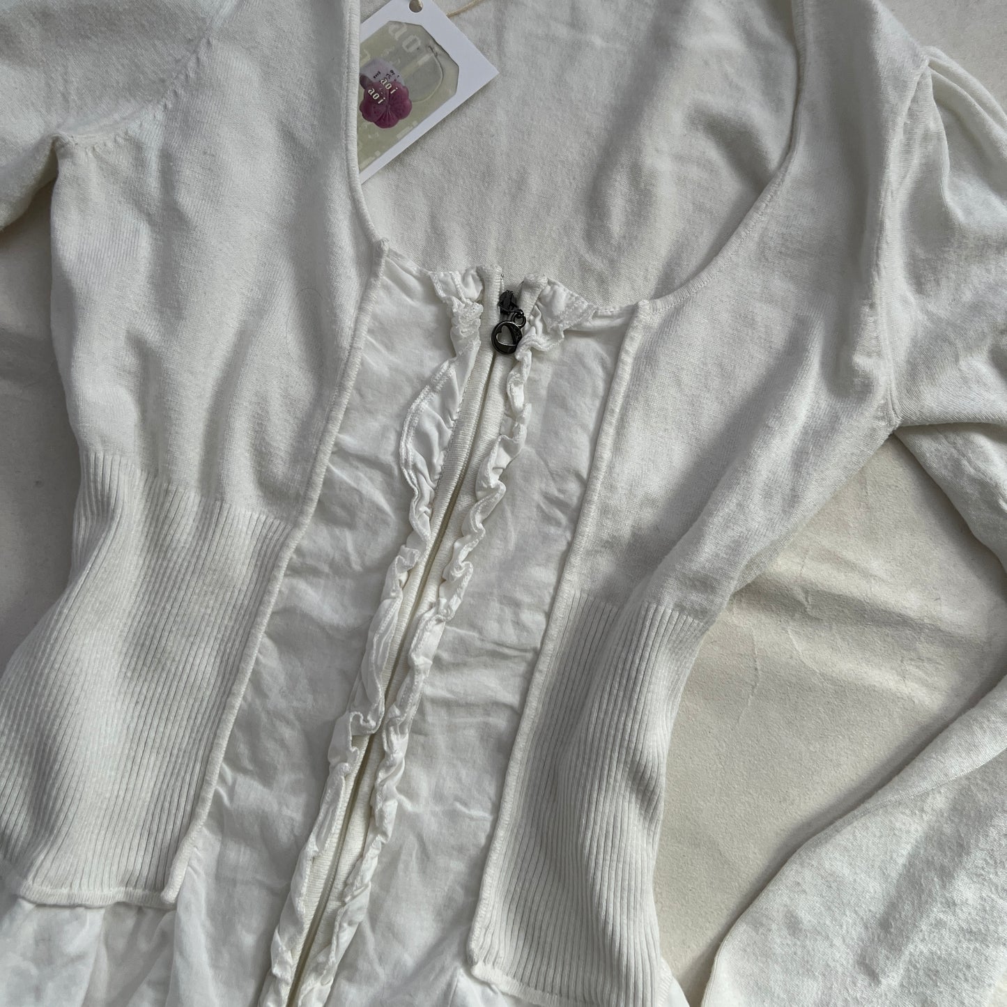 Morgan De Toi White Preppy Frilly Ruffle Hem Zip Fitted Long Sleeve Top