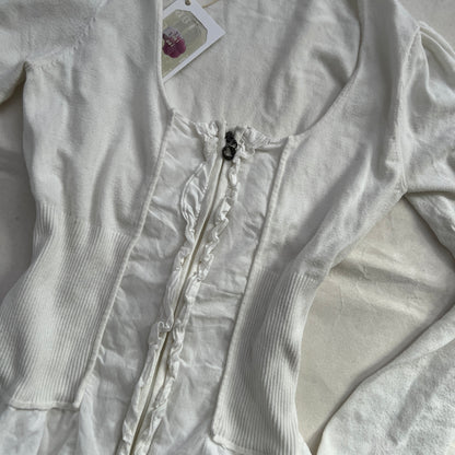 Morgan De Toi White Preppy Frilly Ruffle Hem Zip Fitted Long Sleeve Top