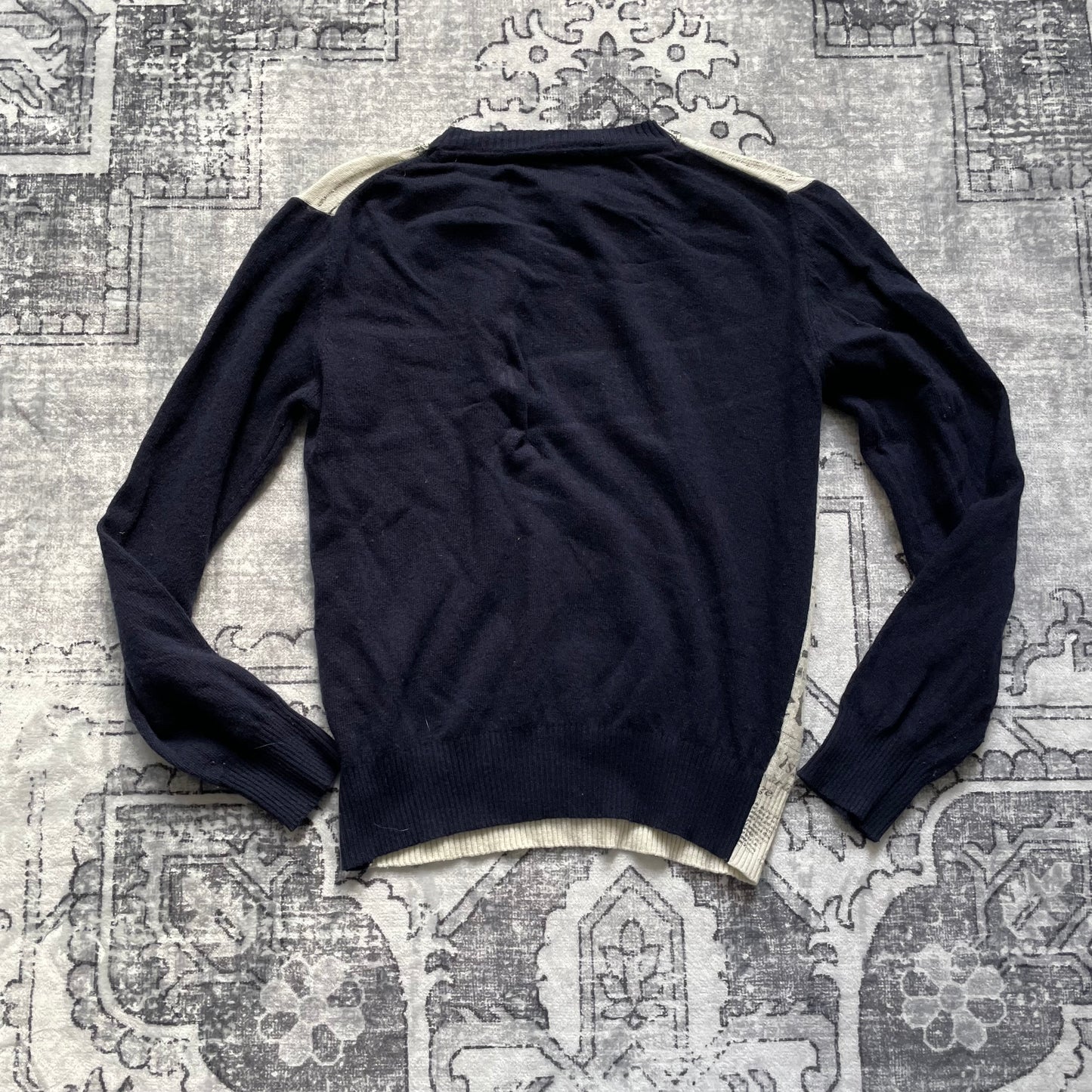 复古 John Galliano 海军蓝长袖英国国旗报纸印花羊毛羊绒混纺针织毛衣