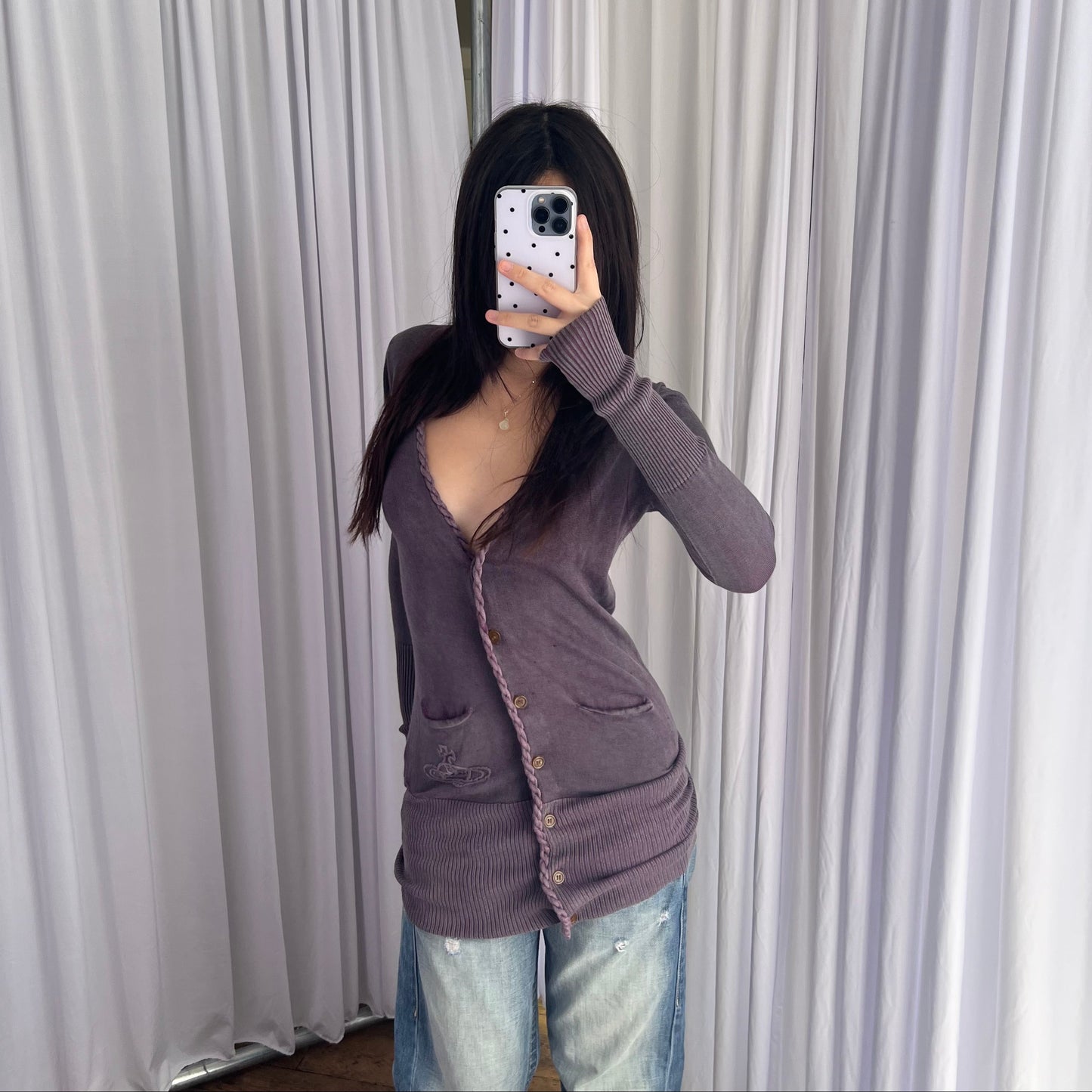 Vivienne Westwood Red Label Muted Purple V Neck Woven Ribbed Hem Long Cardigan