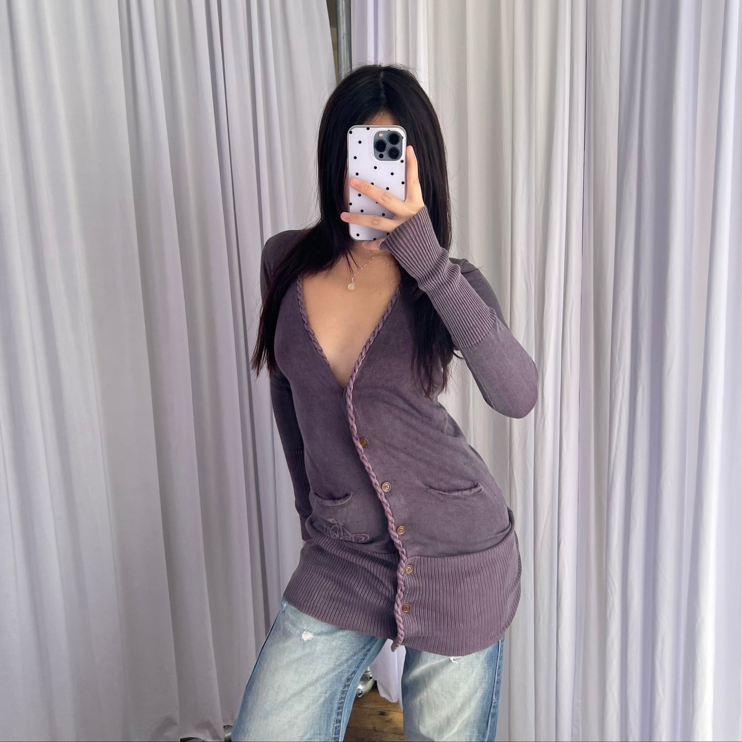 Vivienne Westwood Red Label Muted Purple V Neck Woven Ribbed Hem Long Cardigan