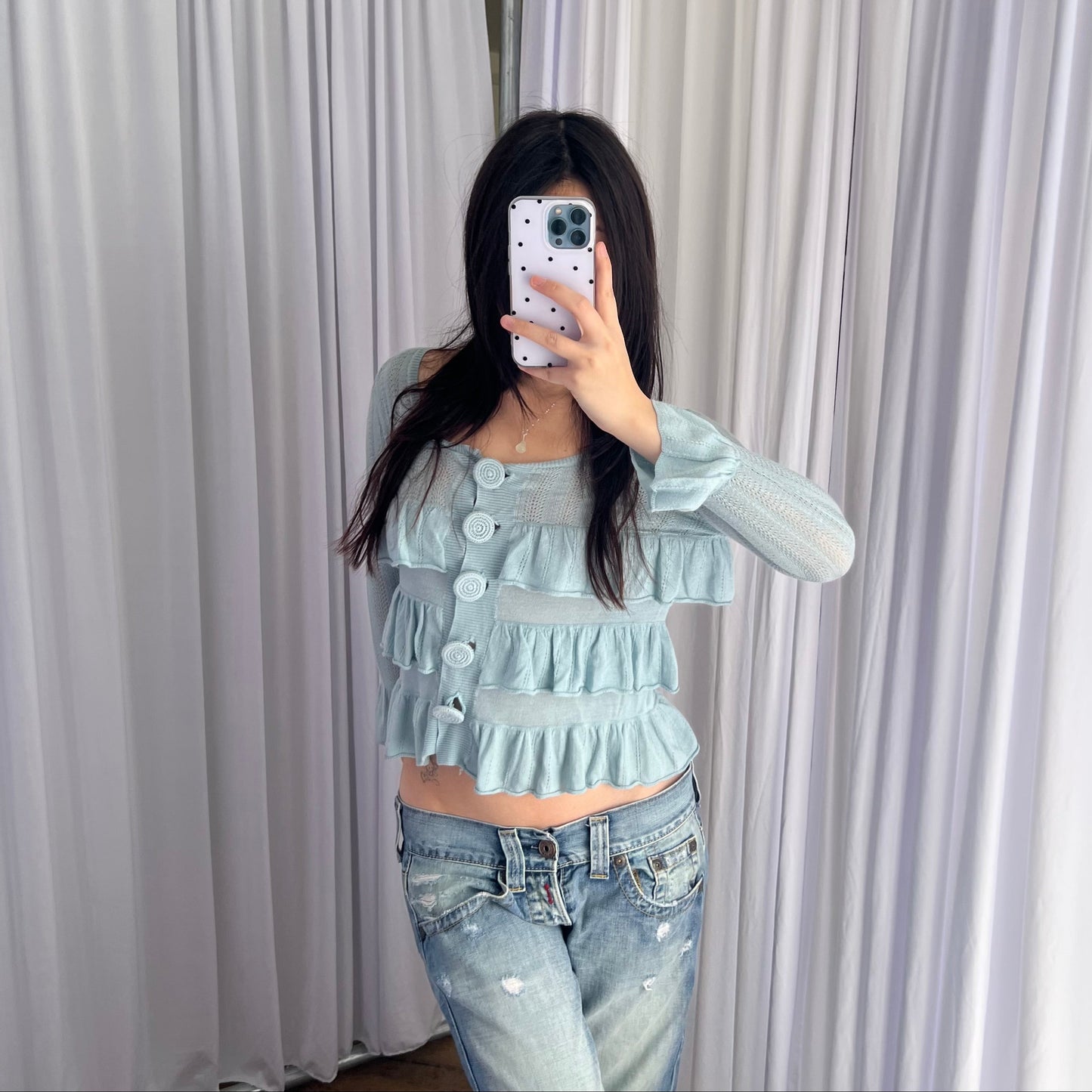 Vintage Turquoise Blue Frilly Lace Crochet Fine Knit Cardigan Top
