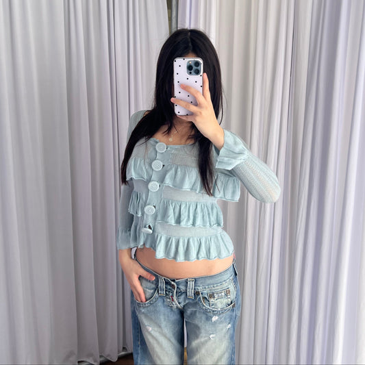 Vintage Turquoise Blue Frilly Lace Crochet Fine Knit Cardigan Top