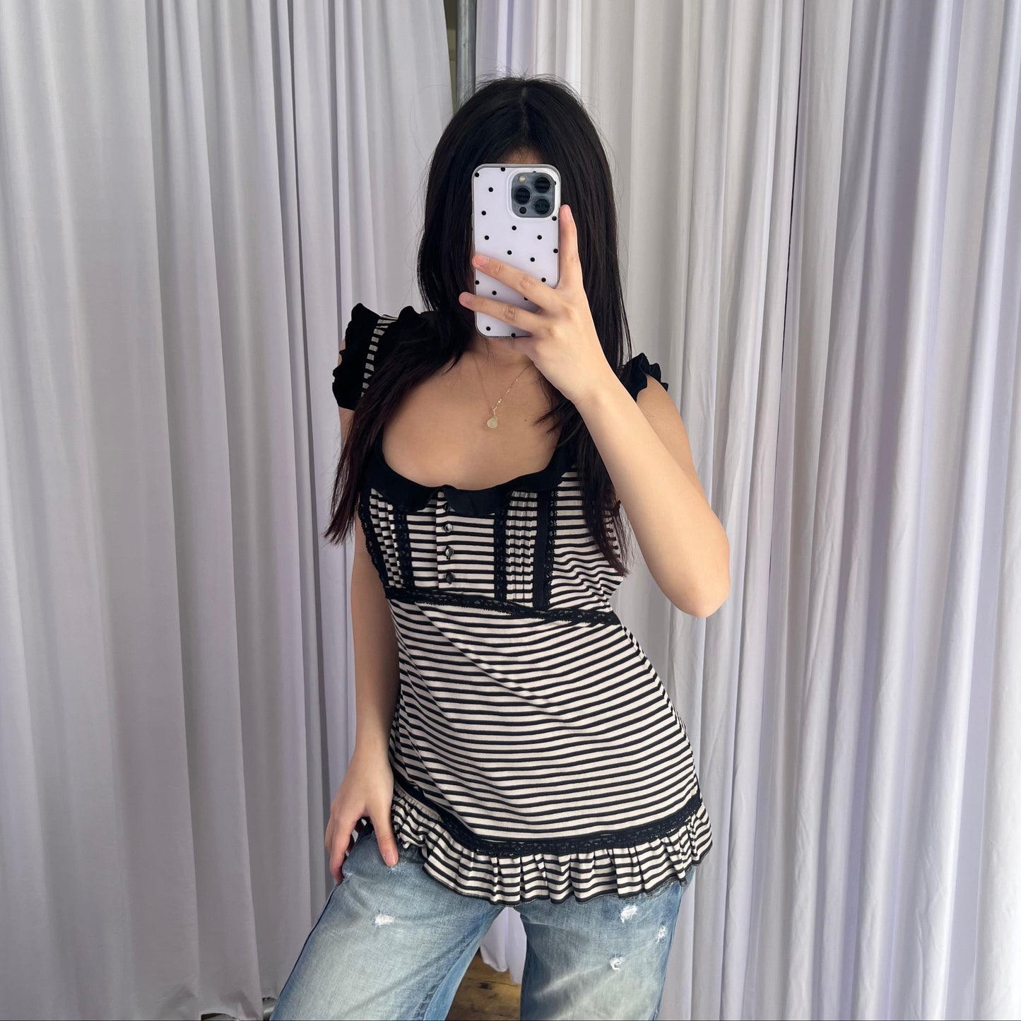 Caroll Preppy Black White Striped Ruffle Frill Hem Babydoll Sleeveless Tunic Top