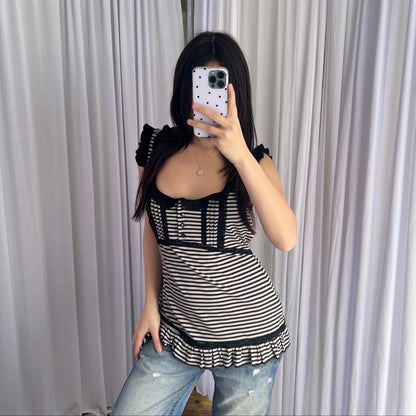 Caroll Preppy Black White Striped Ruffle Frill Hem Babydoll Sleeveless Tunic Top