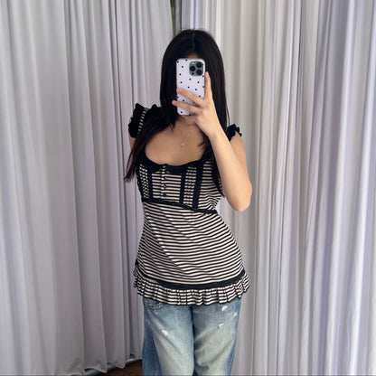 Caroll Preppy Black White Striped Ruffle Frill Hem Babydoll Sleeveless Tunic Top