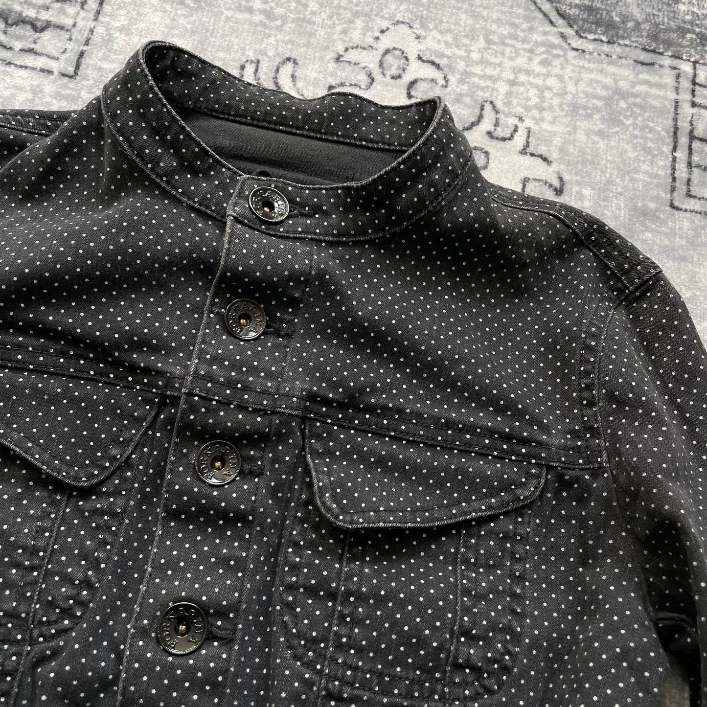 fornarina preppy coquette spring black polka dot collared ruffle hem fitted cropped jacket with button detail