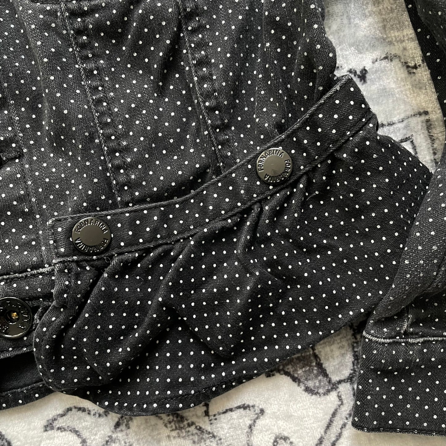 fornarina preppy coquette spring black polka dot collared ruffle hem fitted cropped jacket with button detail