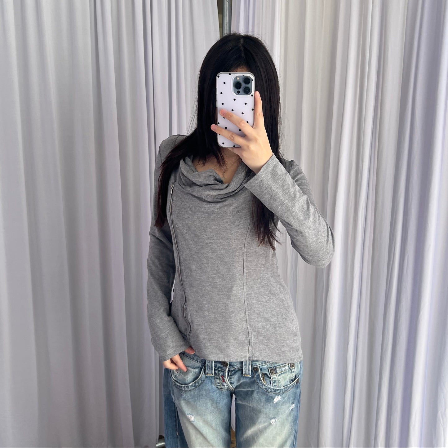 Grey Promod Asymmetric Zip Drape Fitted Cardigan Jacket