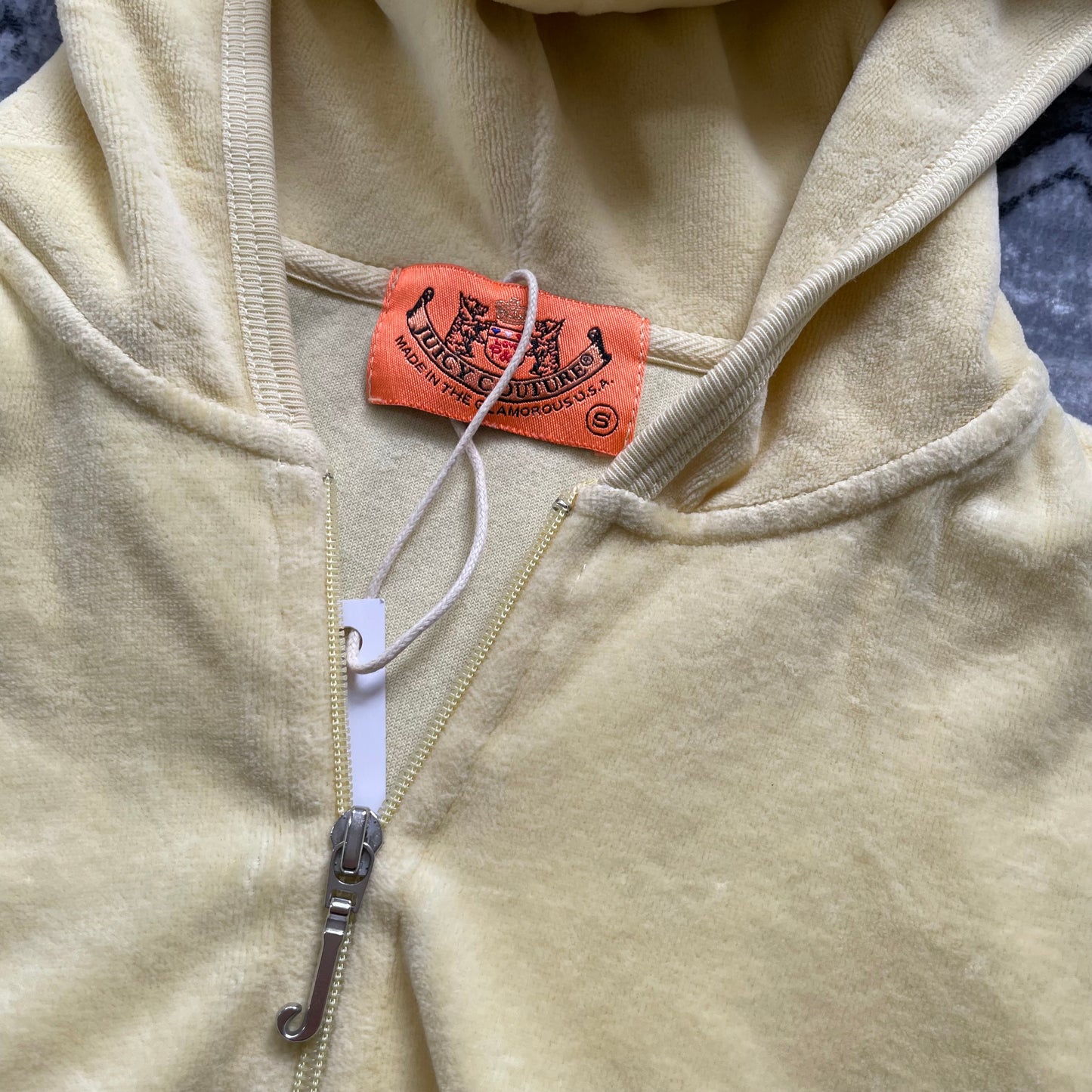 juicy couture light yellow terry cloth fitted zip track jacket hoodie