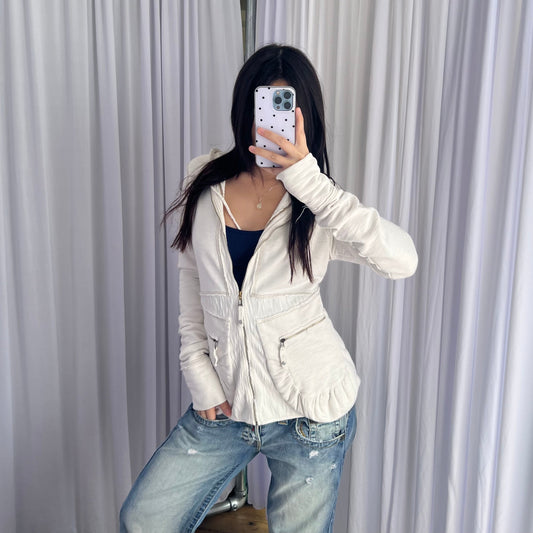 90s White Marithe Francois Girbaud Dual Zip Ruched Pocket Hoodie