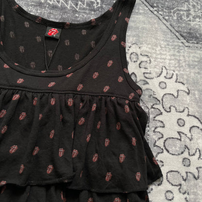 歇斯底里的魅力 x 滚石乐队学院风黑色经典舌头印花荷叶边多层背心