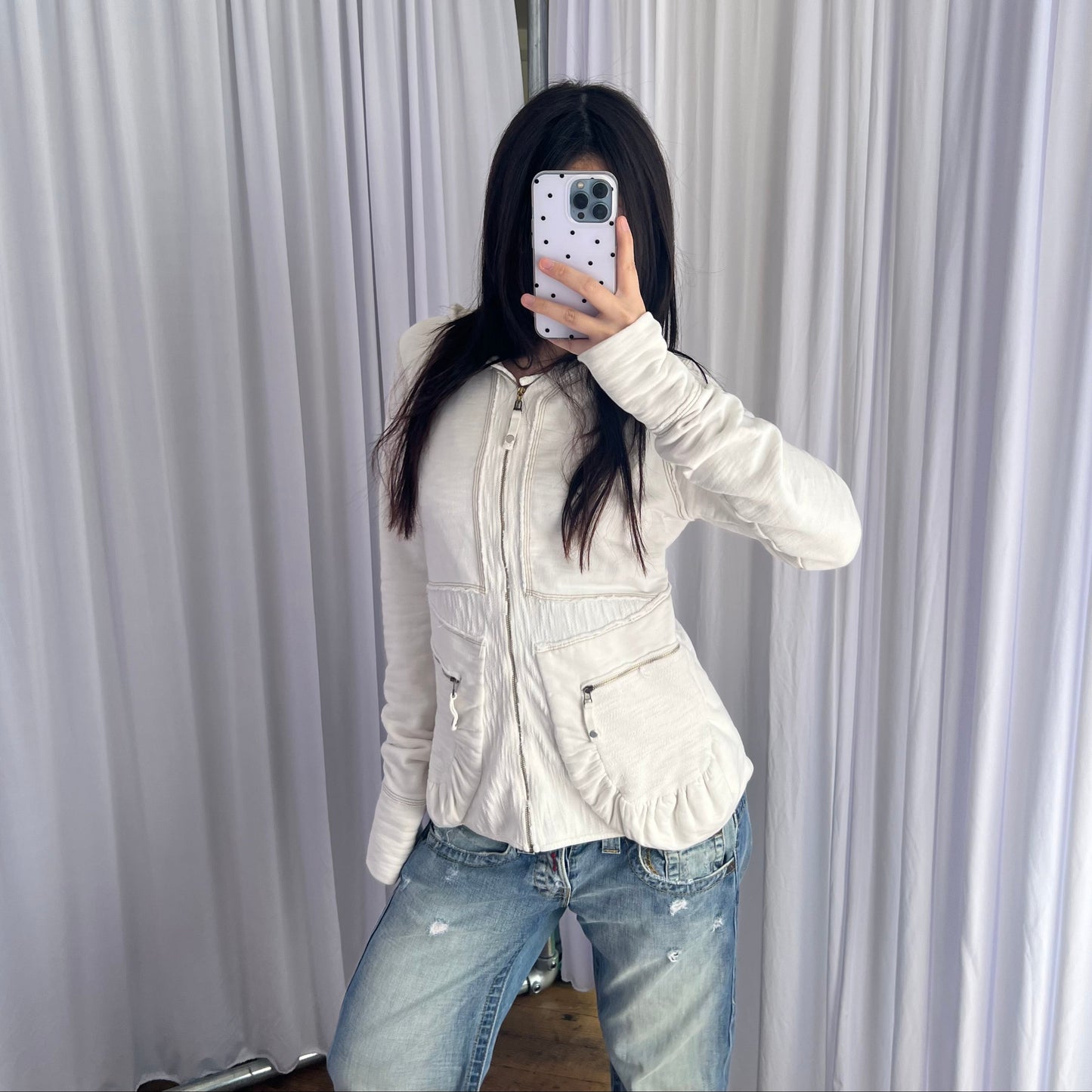 90s White Marithe Francois Girbaud Dual Zip Ruched Pocket Hoodie
