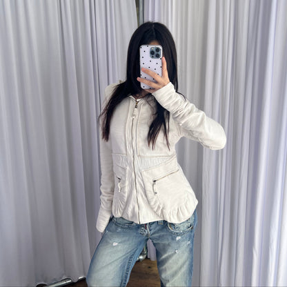 90s White Marithe Francois Girbaud Dual Zip Ruched Pocket Hoodie