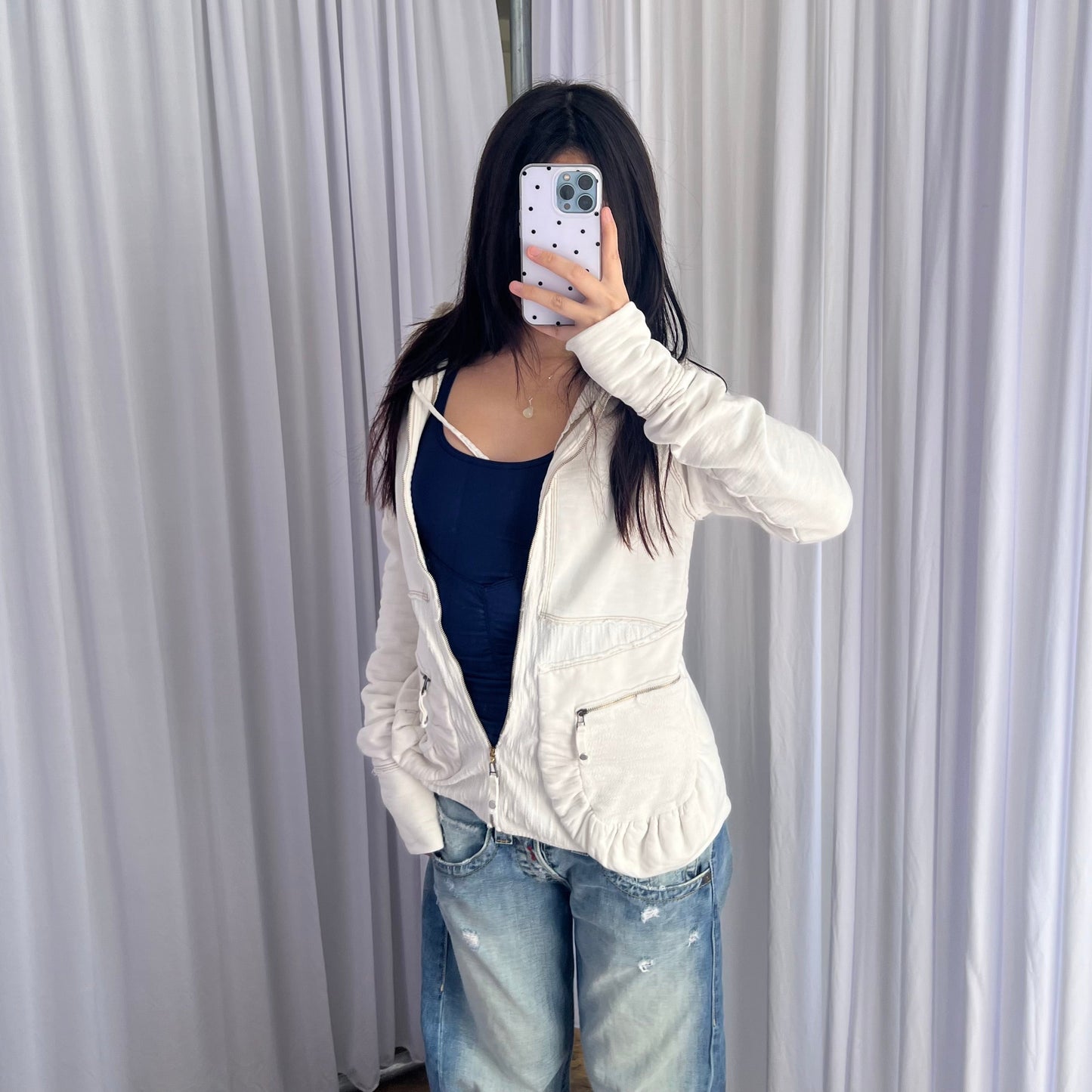 90s White Marithe Francois Girbaud Dual Zip Ruched Pocket Hoodie