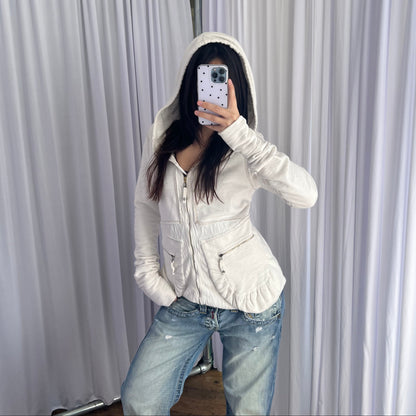 90s White Marithe Francois Girbaud Dual Zip Ruched Pocket Hoodie