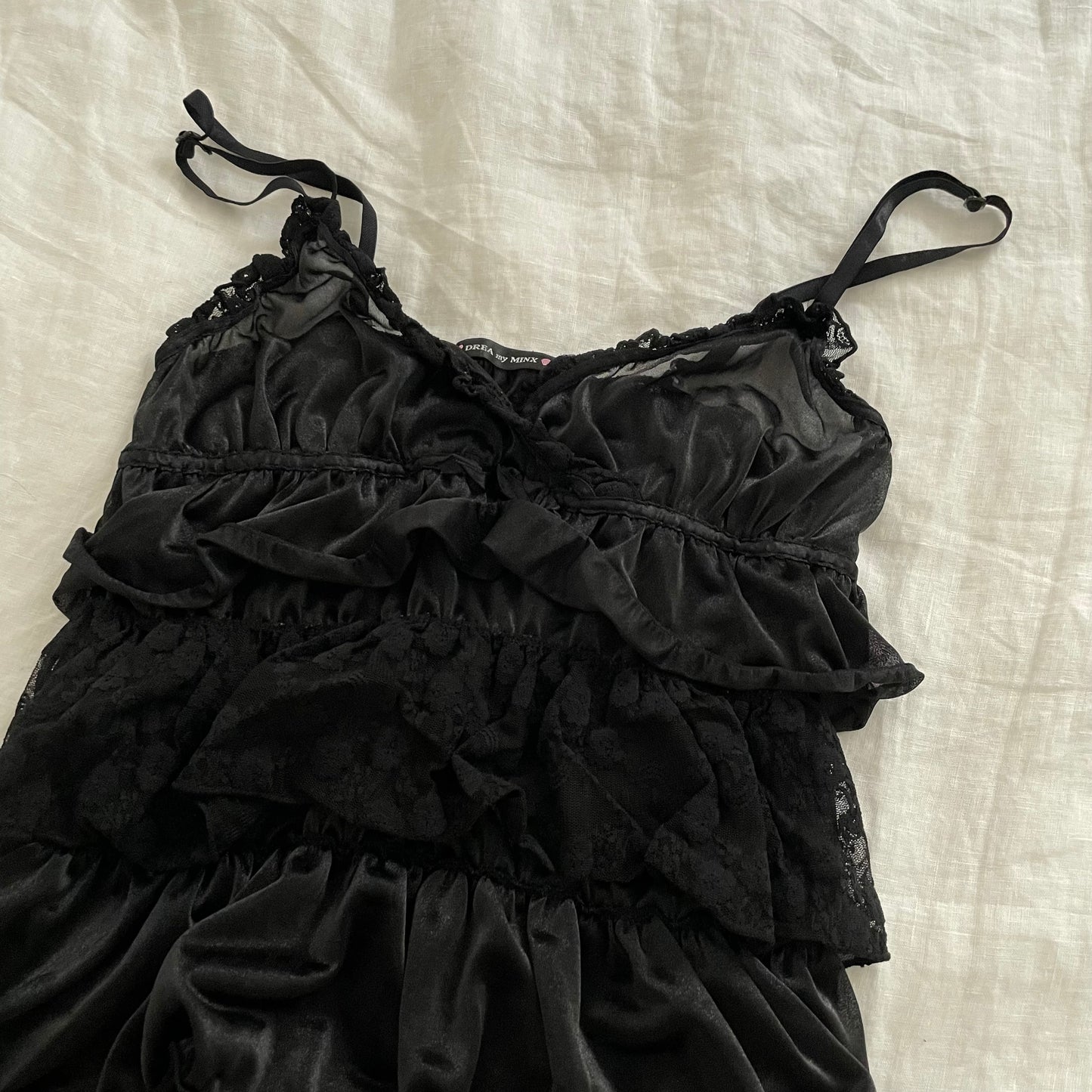 drea my minx tiered ruffle sheeny satin lace tiered camisole