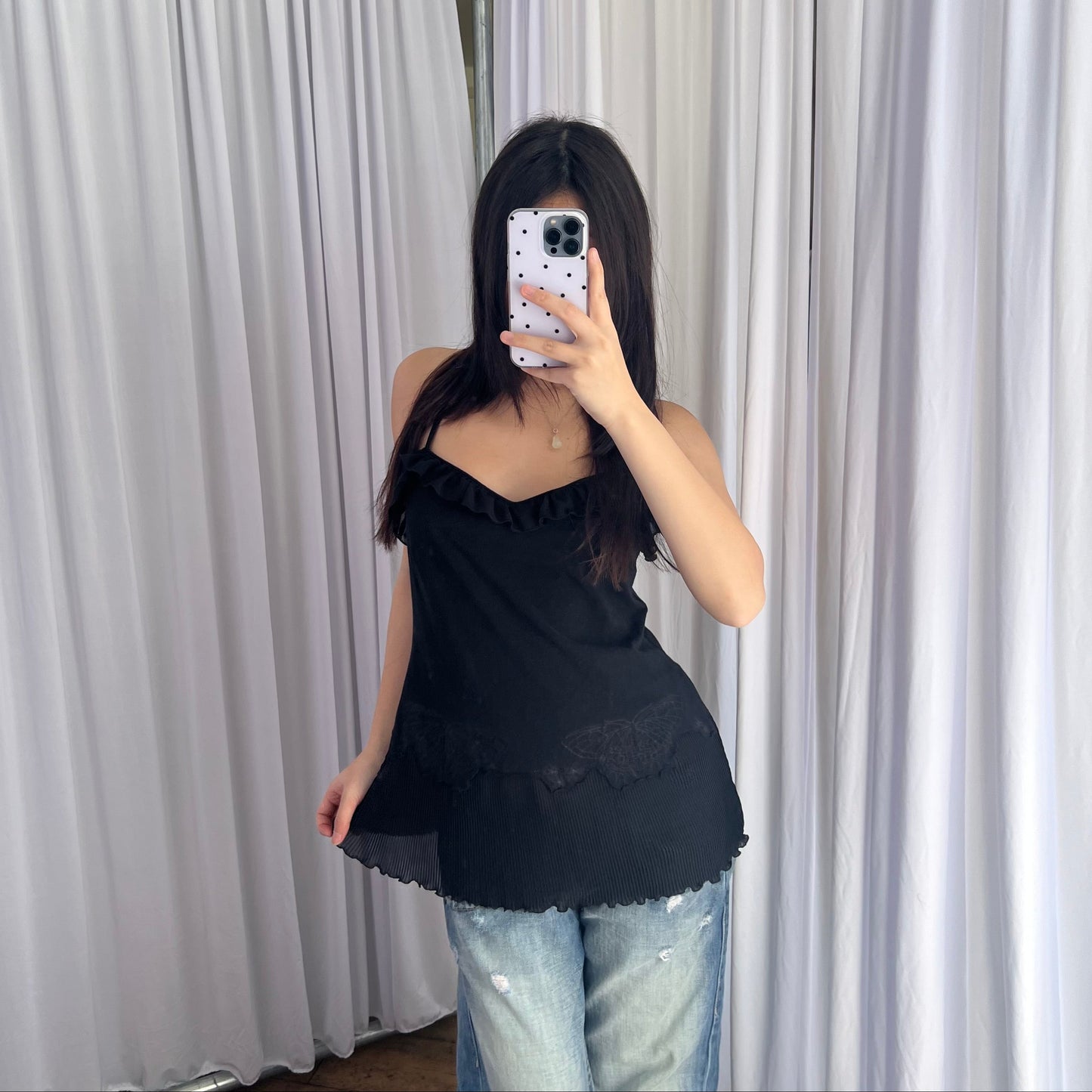 Hysteric Glamour Black Frill Pleated Butterfly Embroidery Criss Cross Long Camisole Top