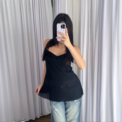 Hysteric Glamour Black Frill Pleated Butterfly Embroidery Criss Cross Long Camisole Top