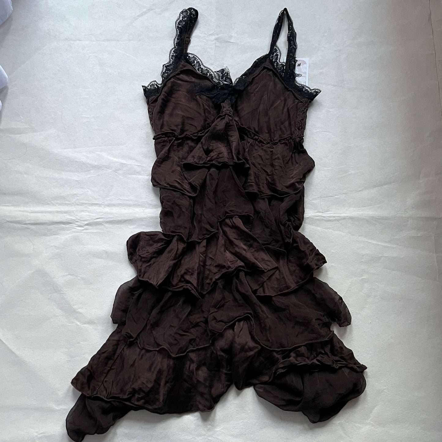 King Kong Romantic Brown Silk Ruffle Tiered Black Lace Midi Dress