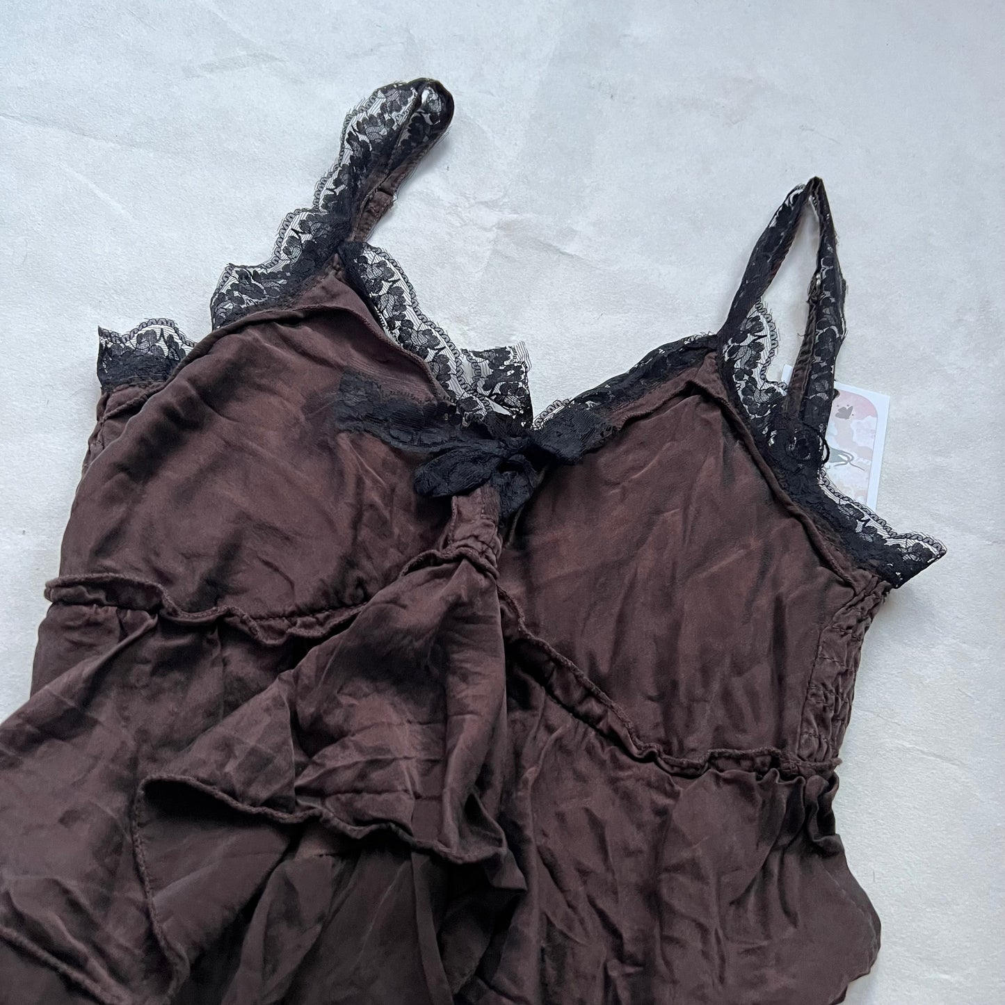 King Kong Romantic Brown Silk Ruffle Tiered Black Lace Midi Dress